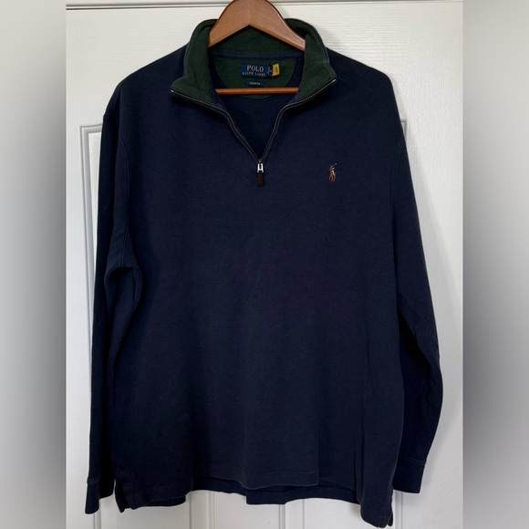Polo Ralph Lauren Estate Rib 1/4 Zip Pullover Sweatshirt Navy Green Collar XL - Picture 1 of 14